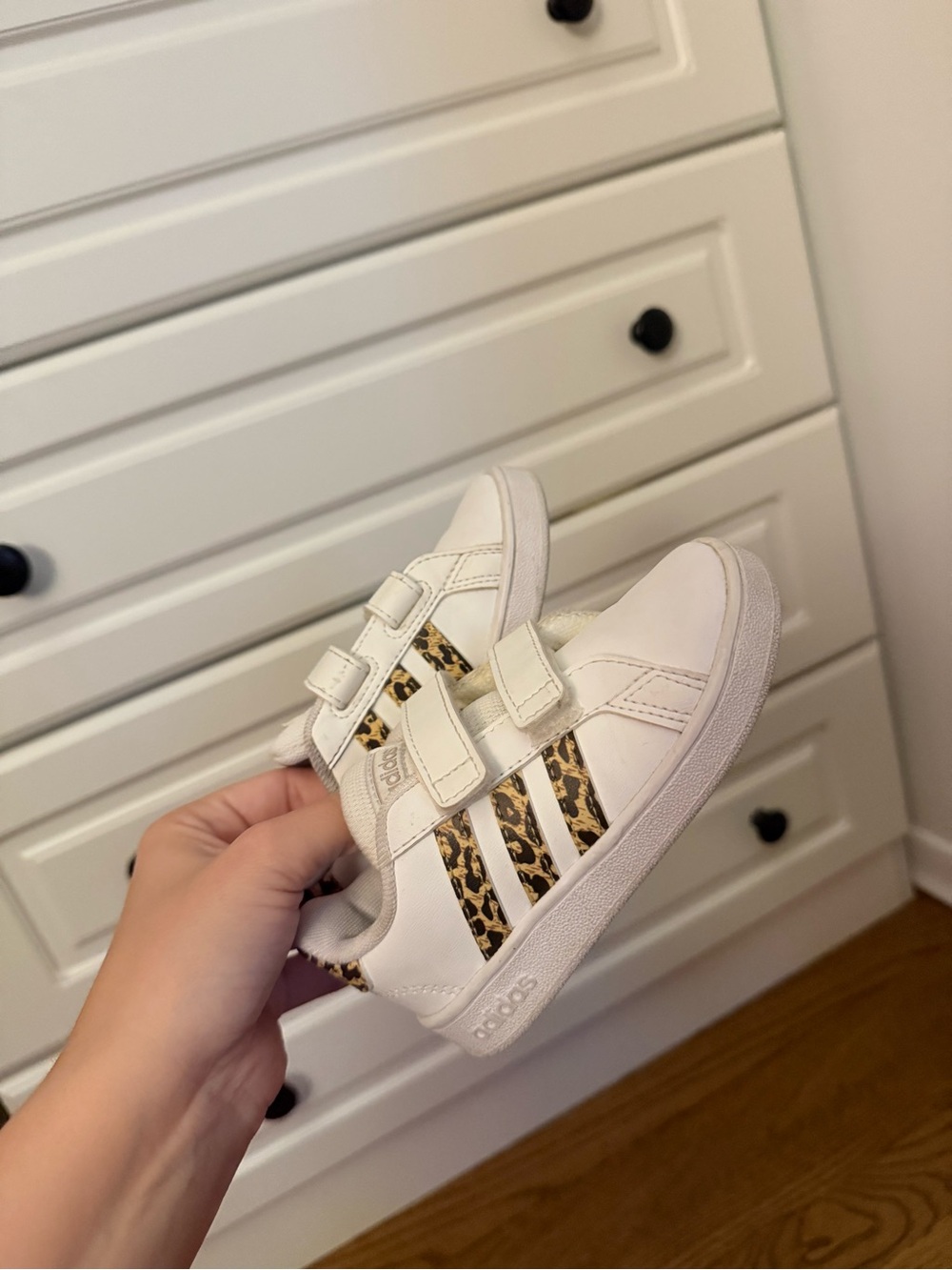 adidas White Kids Sneakers with Leopard Stripe Details